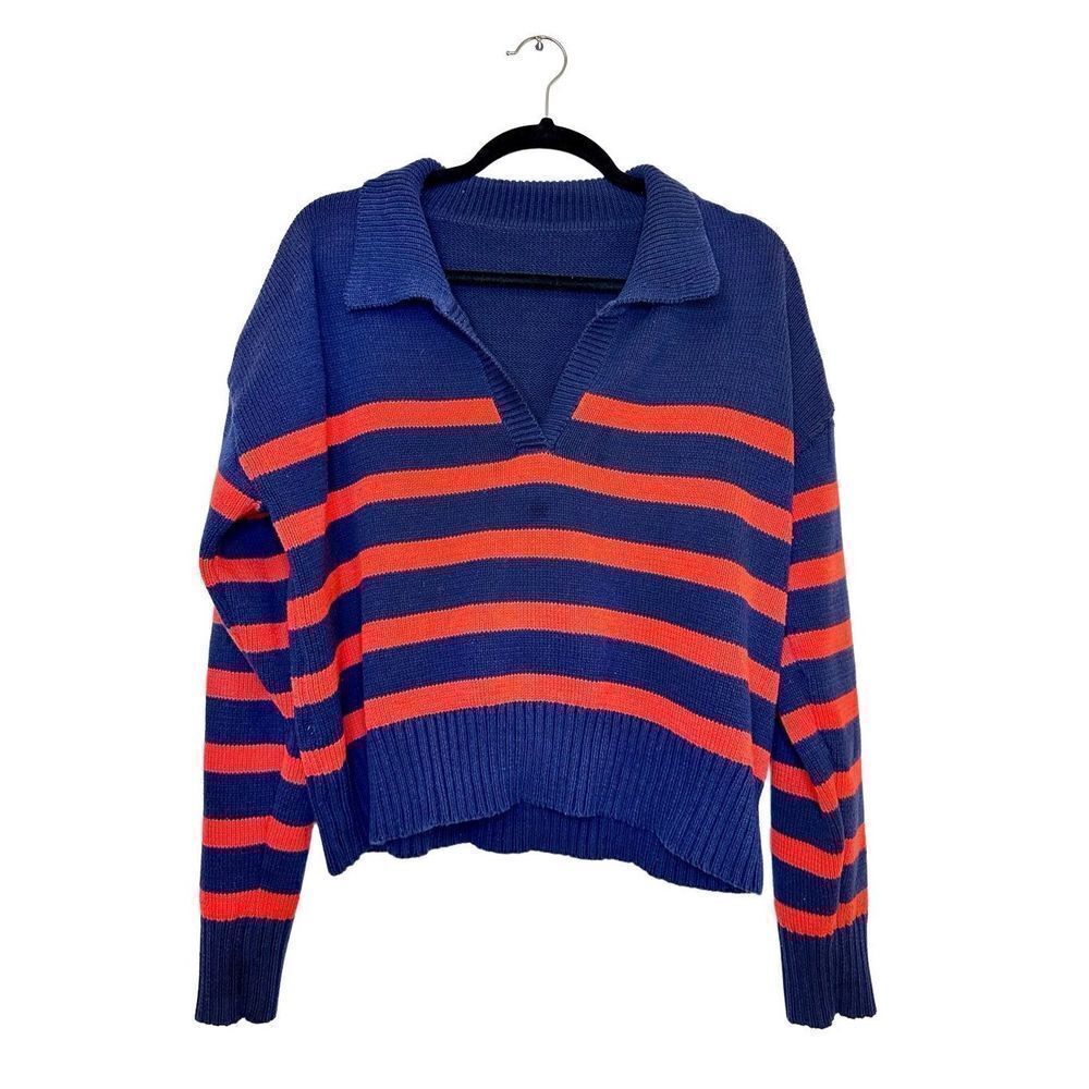 Cider Striped Collared V-Neck Long Sleeve Knit Cropped Sweater Blue Orange XL